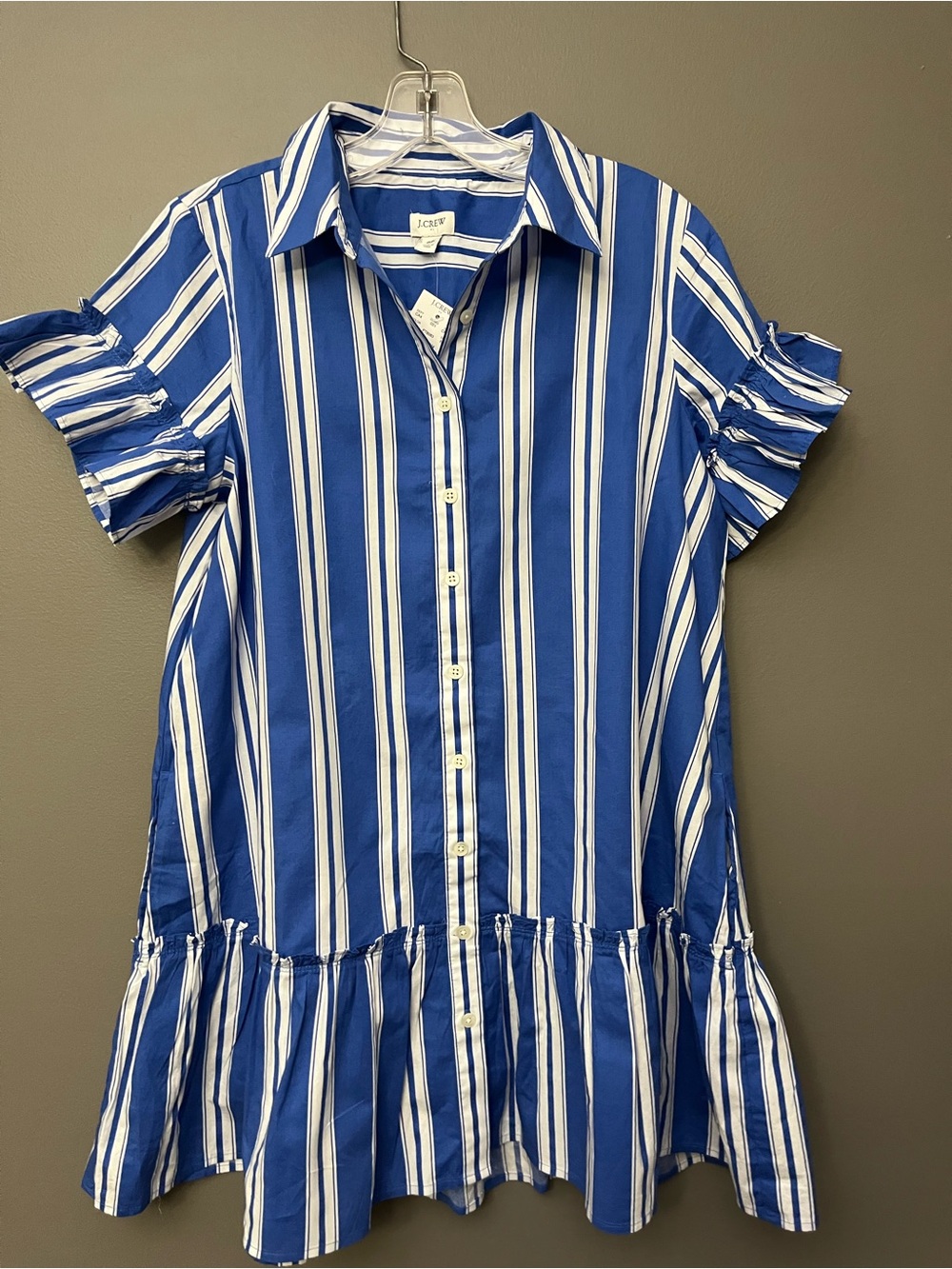 J. Crew Women’s Blue & White Stripe Ruffle Hem Shirt Dress - Size Petite 8
